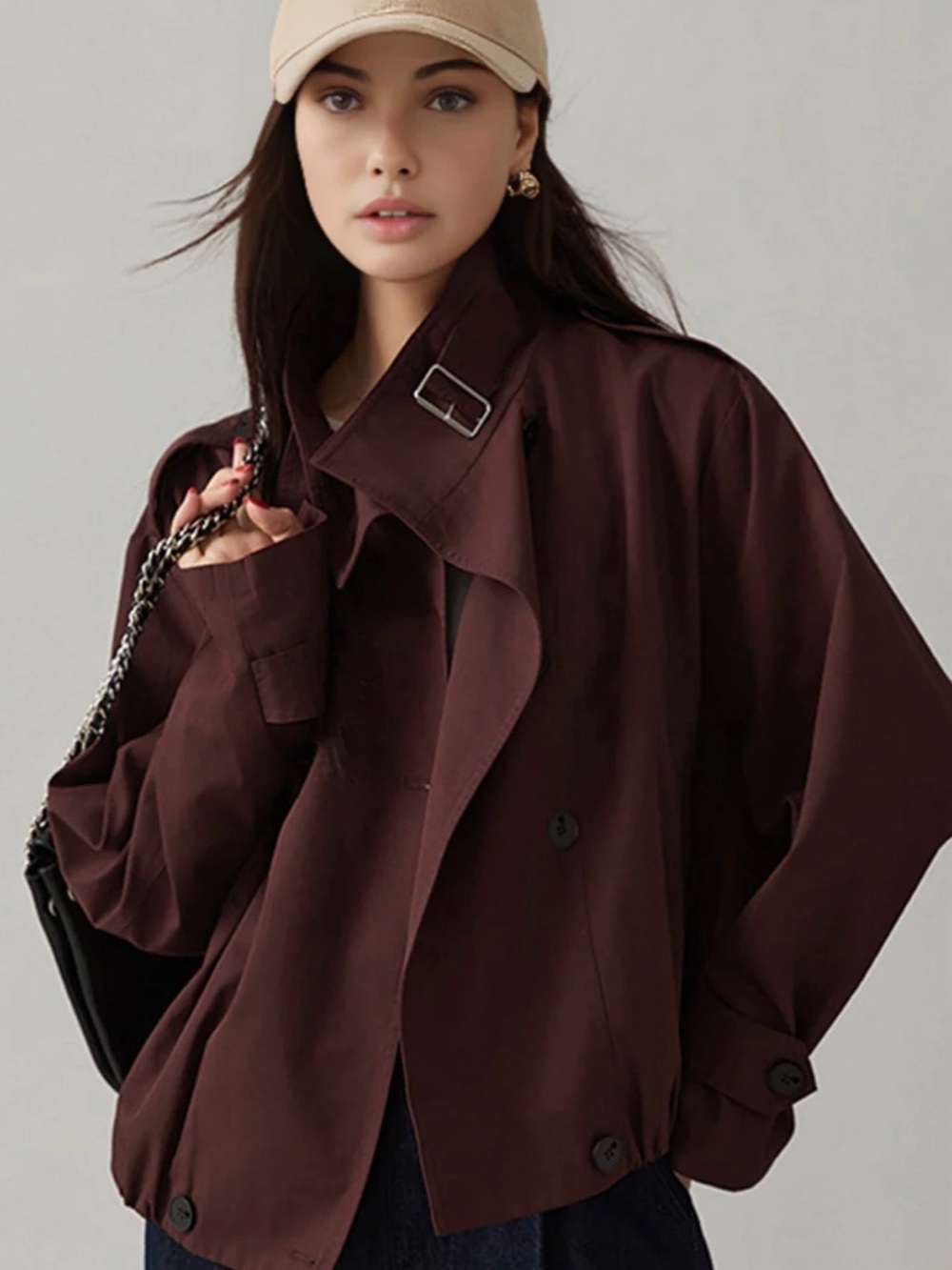Commense Burgundy Short Trench Coat with Buckle Collar - Picture 2 of 10